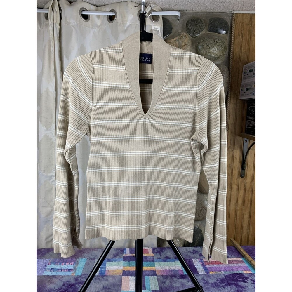 Hillard & Hanson Womens Large V-Neck Pullover Tan Striped Sweater